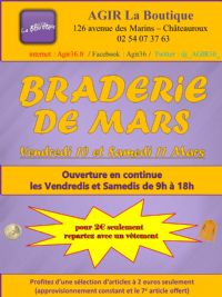 GRANDE BRADERIE (Boutique Solidaire AGIR). Du 10 au 11 mars 2017 à CHATEAUROUX. Indre.  09H00